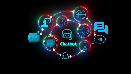 Chatbot technology network with glowing neon icons and connections on black background artificial intelligence - Powered by Adobe