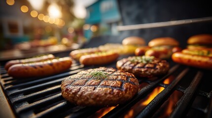 Grilling burgers and hotdogs outdoors during a summer gathering at a backyard barbecue with warm evening light
