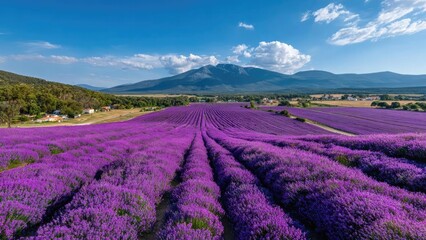 Purple lavender fields stretch across the landscape toward distant mountains under a clear blue sky. Concept Lavender Fields, Mountain Backdrop, Clear Blue Sky, Scenic Landscape, Serene Colors