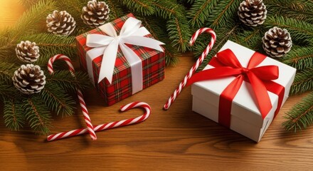 Christmas gifts with candy canes, pine branches, and cones on wood