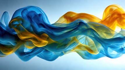Flowing blue and yellow fabric creates a vibrant abstract art display in a playful and dynamic arrangement