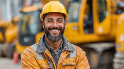 Construction worker smiles confidently on job site with heavy machinery in background during daytime