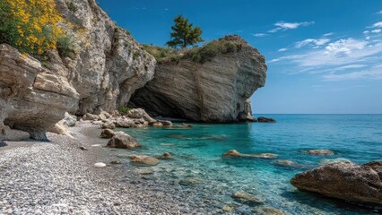 Pebble beach beside limestone cliffs, turquoise water and a sea cave, with a tree atop the rock under a bright blue sky. Concept Pebble Beach Landscape, Sea Cave & Cliffs, Turquoise Water