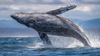A massive humpback whale breaches the ocean surface, spraying water as it arches above the waves. Concept Humpback Whale Breach, Ocean Spray, Majestic Marine Wildlife, Waves and Water Splash