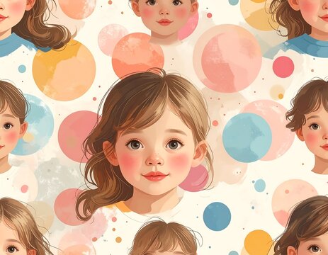 Charming pattern featuring children's faces and colorful abstract circles - Powered by Adobe