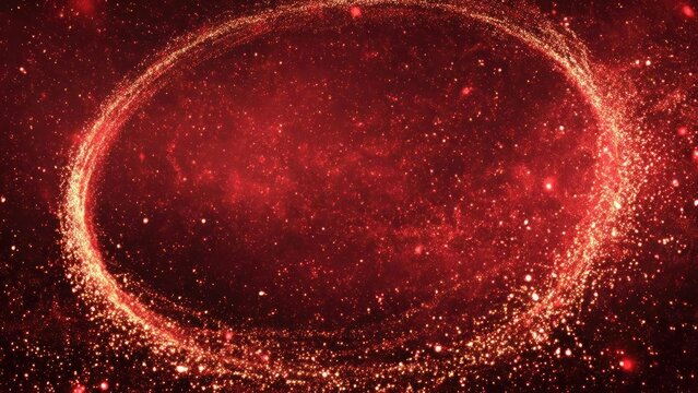 A bright circular ring of sparkling stars encircling a dark center in a red nebula. Concept Cosmic Ring, Sparkling Stars, Dark Core, Red Nebula, Space Photography