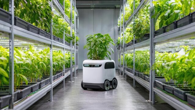 An autonomous farming robot carrying a plant through vertical farming racks in a greenhouse. Concept Autonomous farming robot, Vertical farming, Greenhouse robotics, Plant transportation