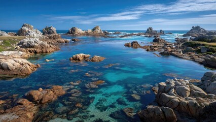 Rugged coastline with turquoise water and jagged rocks under a clear blue sky. Concept Rugged coastline, Turquoise water, Jagged rocks, Clear blue sky, Dramatic seascape