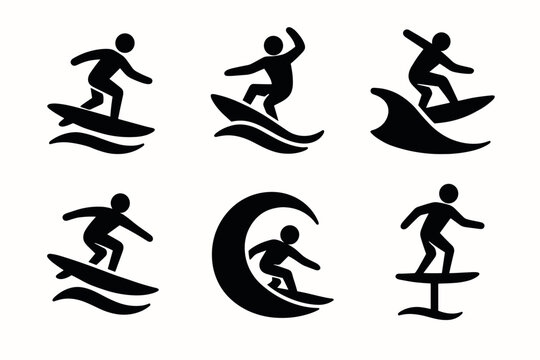 Silhouette surfer icons: dynamic wave riding pictograms for water sport designs