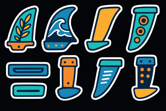 Colorful set of surfboard fins with nautical and geometric designs