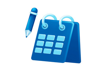Blue 3D Calendar and Pencil Icon for Schedule and Planning PNG isolated on transparent background