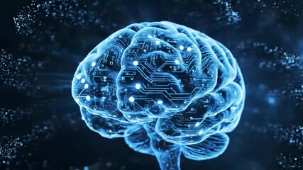 Digital representation of a human brain with glowing circuit board patterns and data flow, symbolizing artificial intelligence and technology concept - Powered by Adobe