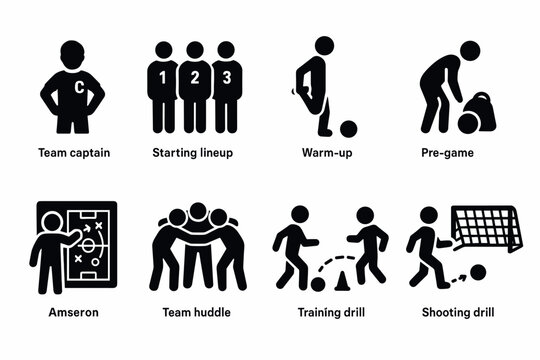 Soccer training and team preparation icons in simple black silhouette style