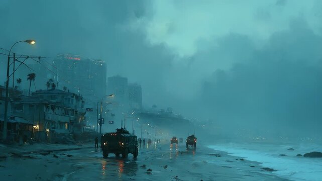 Military Convoy Moving Along a Coastal Road Under Foggy Conditions, Urban Background, Moody, War Concept