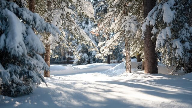 Snowy forest path in winter, with snow-laden trees and sunlit snow on the ground. Concept Snowy Forest Path, Winter Sunlight, Snow-Laden Trees, Sunlit Snow, Serene Winter Scene