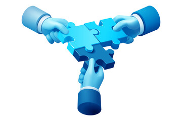 Three blue hands connecting puzzle pieces, symbolizing teamwork and collaboration in business, 3D illustration isolated on transparent background, png