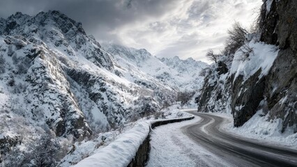 A winding, snow-covered mountain road runs through a valley between snow-clad peaks and jagged cliffs. Concept Mountain Road, Snowy Peaks, Valley Scene, Winter Landscape, Jagged Cliffs