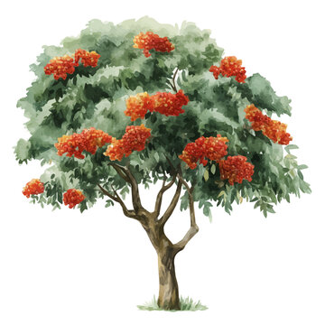 Rowan Tree in watercolor painting style, vector illustration on white background.