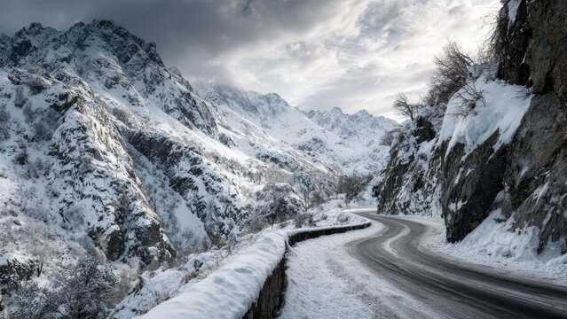 A winding, snow-covered mountain road runs through a valley between snow-clad peaks and jagged cliffs. Concept Mountain Road, Snowy Peaks, Valley Scene, Winter Landscape, Jagged Cliffs