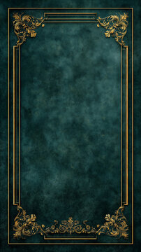 A dark royal green wall showcases an elegant decorative frame with intricate relief patterns and a gleaming gold border, designed in a classic European style that sophistication through