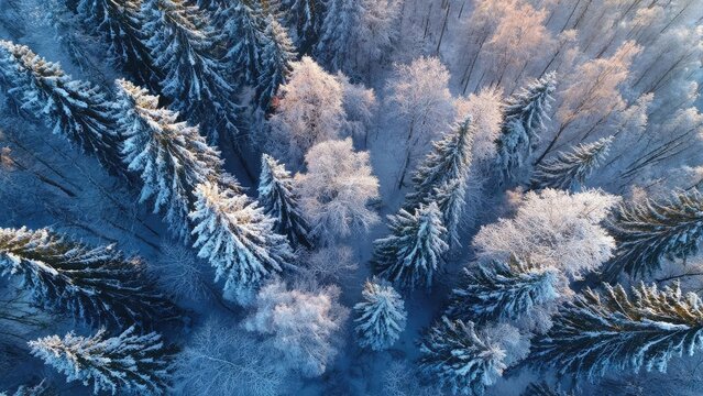 Aerial view of a snow-covered pine forest in winter, sunlight warming the frosted treetops. Concept Aerial snowy pine forest, Winter sunlight on frosted treetops, Frosted pines, Snowy landscape