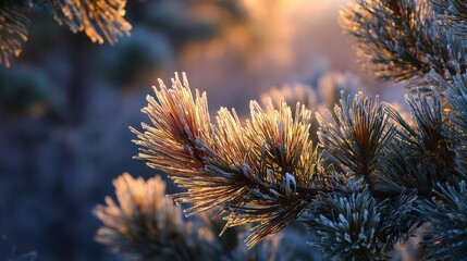 Close up of pine needles covered in frost illuminated by golden sunlight winter