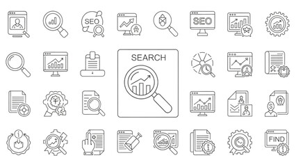 Search Engine Optimization Icons Set Magnifying Glass, SEO Analysis & Website