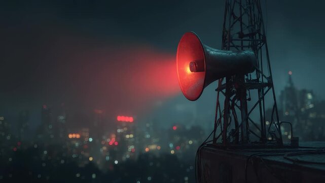 Emergency Alert System: Siren Blaring over Foggy City Skyline at Night, Warning of Impending Danger