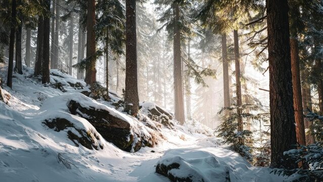 Snowy forest with tall pine trees, rocks blanketed in snow, sunlight streaming through the mist. Concept Snowy forest, Tall pine trees, Snow-covered rocks, Sunlight through mist