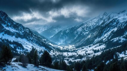 Snow-covered mountains and pine trees in a valley under a dark, moody, cloud-filled sky. Concept Snow-covered mountains, Pine trees in a valley, Moody cloud-filled sky, Winter alpine landscape