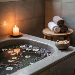 Relaxing bath with candles and flowers in a spa setting
