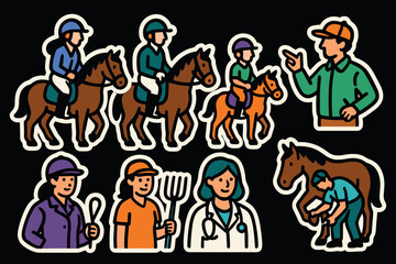 Naklejka premium Equestrian activities and horse care stickers featuring horseback riding and veterinary care