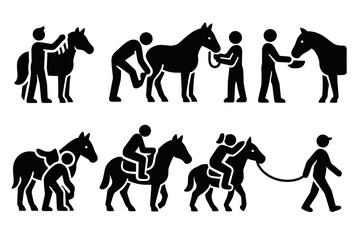 Horse care and riding activities silhouette set depicting step by step interaction and training
