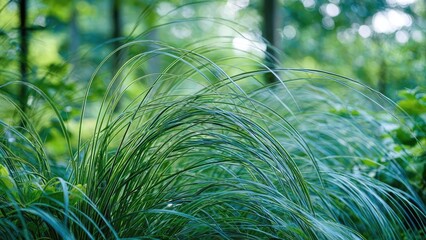Long, arching blades of ornamental grass in a sunlit green garden. Concept Ornamental grass close-up, Sunlit green garden, Arching blades, Natural textures, Garden light