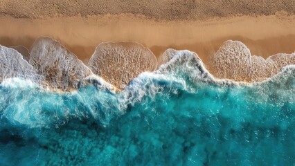 Naklejka premium Aerial view of a golden sandy beach meeting turquoise water, with white foamy waves along a rocky shoreline. Concept Aerial Beachscape, Golden Sand, Turquoise Water, White Foam Waves, Rocky Shoreline