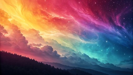 A vibrant celestial display of swirling colors across the night sky, resembling an aurora or nebula, above a dark forest