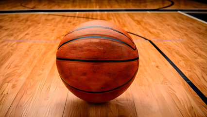 Basketball placed on the floor of an indoor gym with realistic lighting and detailed view of sports court providing active sports scene