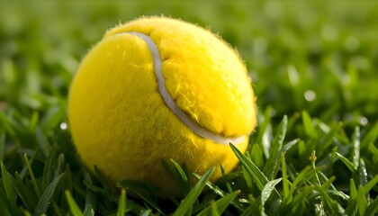 Yellow tennis ball laying in the grass on an outdoor tennis court showing realistic lighting and detailed view of the sport environment