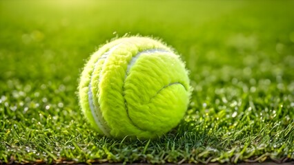 Tennis ball sitting in the grass on a tennis court with outdoor lighting showing realistic scene of the sport with detailed surface and surroundings