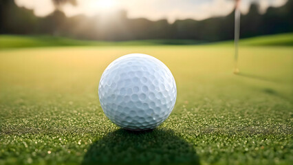 White golf ball sitting on grass near the hole on a golf course under natural outdoor lighting providing realistic sport environment and landscape