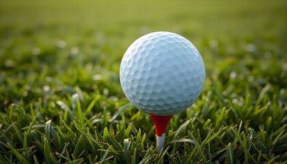 White golf ball placed on a red tee in the grass on a golf course with realistic outdoor lighting showing a detailed sport environment