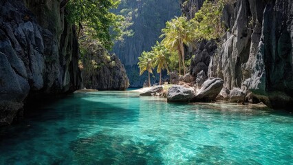 Turquoise water in a narrow canyon bordered by towering rocky cliffs and palm trees, with a small sandy beach. Concept Turquoise water in a narrow canyon, Towering rocky cliffs