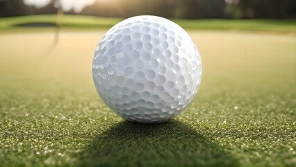 White golf ball sitting on green grass on a golf course under natural lighting showing realistic sports environment with detailed view of fairway and hole