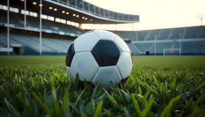 Soccer ball sitting in the middle of a green field with natural lighting showing a detailed scene of outdoor sports environment and athletic activity