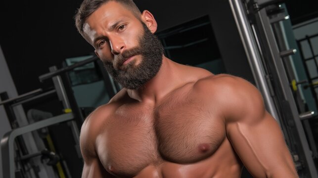 In a well-equipped gym, a muscular man with a beard stands confidently, emanating strength and focus. His posture reflects dedication to fitness as he prepares for an intense training session