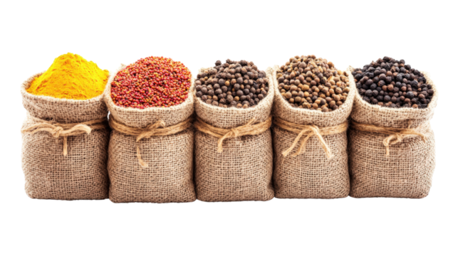 Five burlap sacks of spices isolated on a transparent background