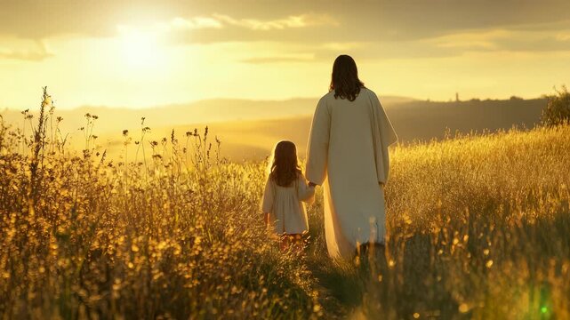 Jesus Christ Walking with Child in Field at Sunset, Holding Hands, Religious Concept of Faith, Hope, and Guidance