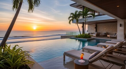Luxury beachfront villa with infinity pool at sunset