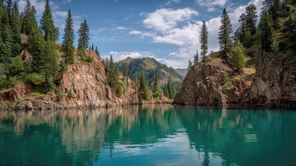 Turquoise lake surrounded by rugged red cliffs and evergreen trees, with forested hills in the distance under a clear blue sky. Concept Turquoise lake with red cliffs, Evergreen forests