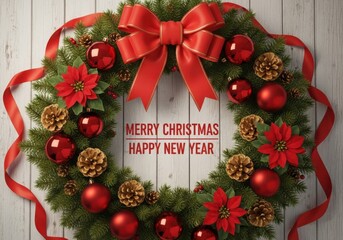 Festive christmas wreath with elegant decorations and seasonal greeting